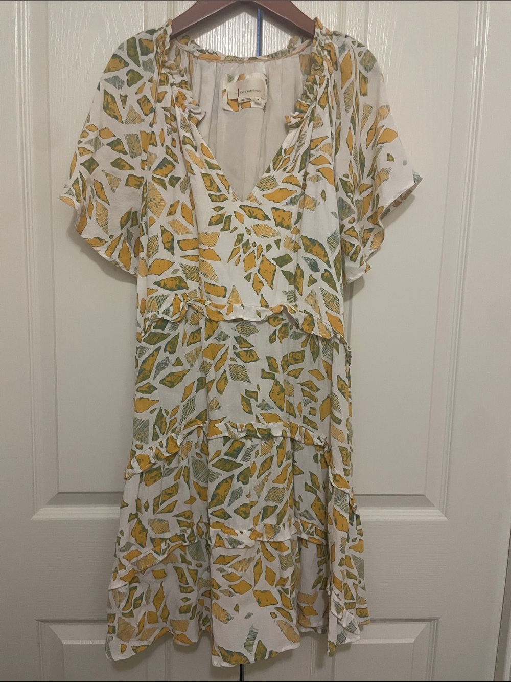 Anthropologie White Somerset Midi Dress  Yellow &Green Geometric Botanical Print